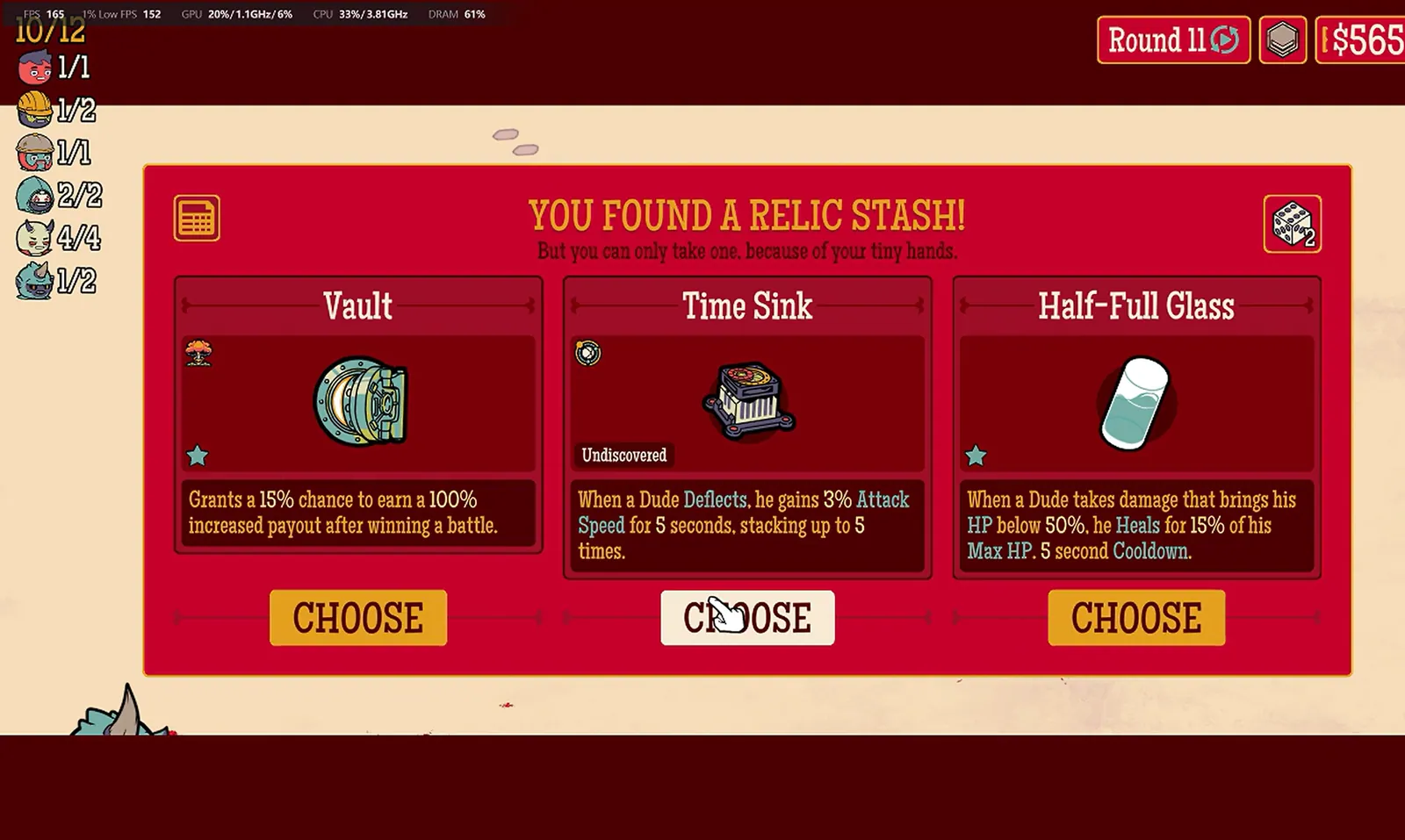 Round 11 Relic Stash showing Vault, Time Sink and selected Half-Full Glass