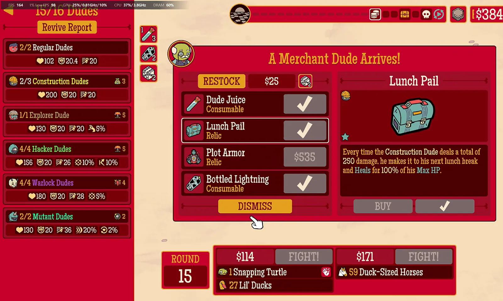 Round 15 merchant screen after buying Lunch Pail and Bottled Lightning