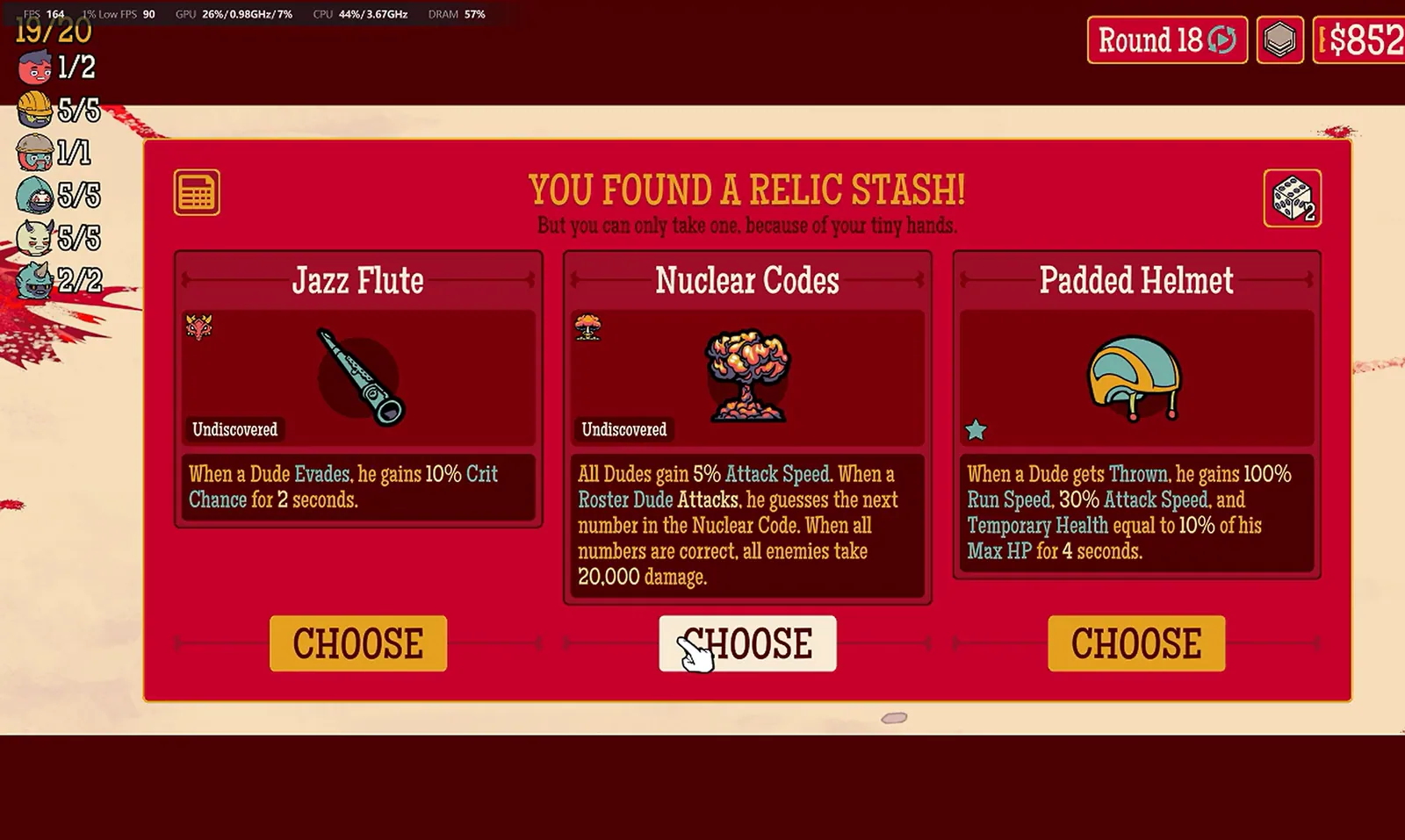 Round 18 Relic Stash showing selected Jazz Flute, Nuclear Codes and Padded Helmet