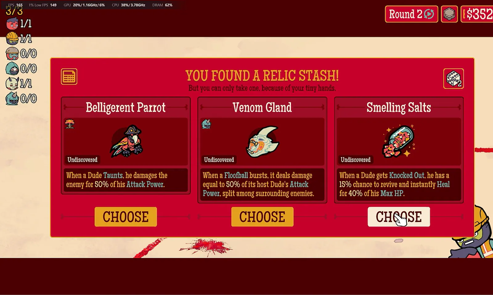 Round 2 Relic Stash showing Belligerent Parrot, Venom Gland and the selected Smelling Salts