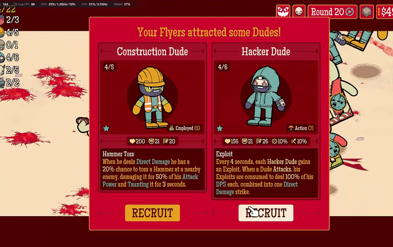 Round 20 flyer decision between Construction Dude and Hacker Dude with roster caps visible