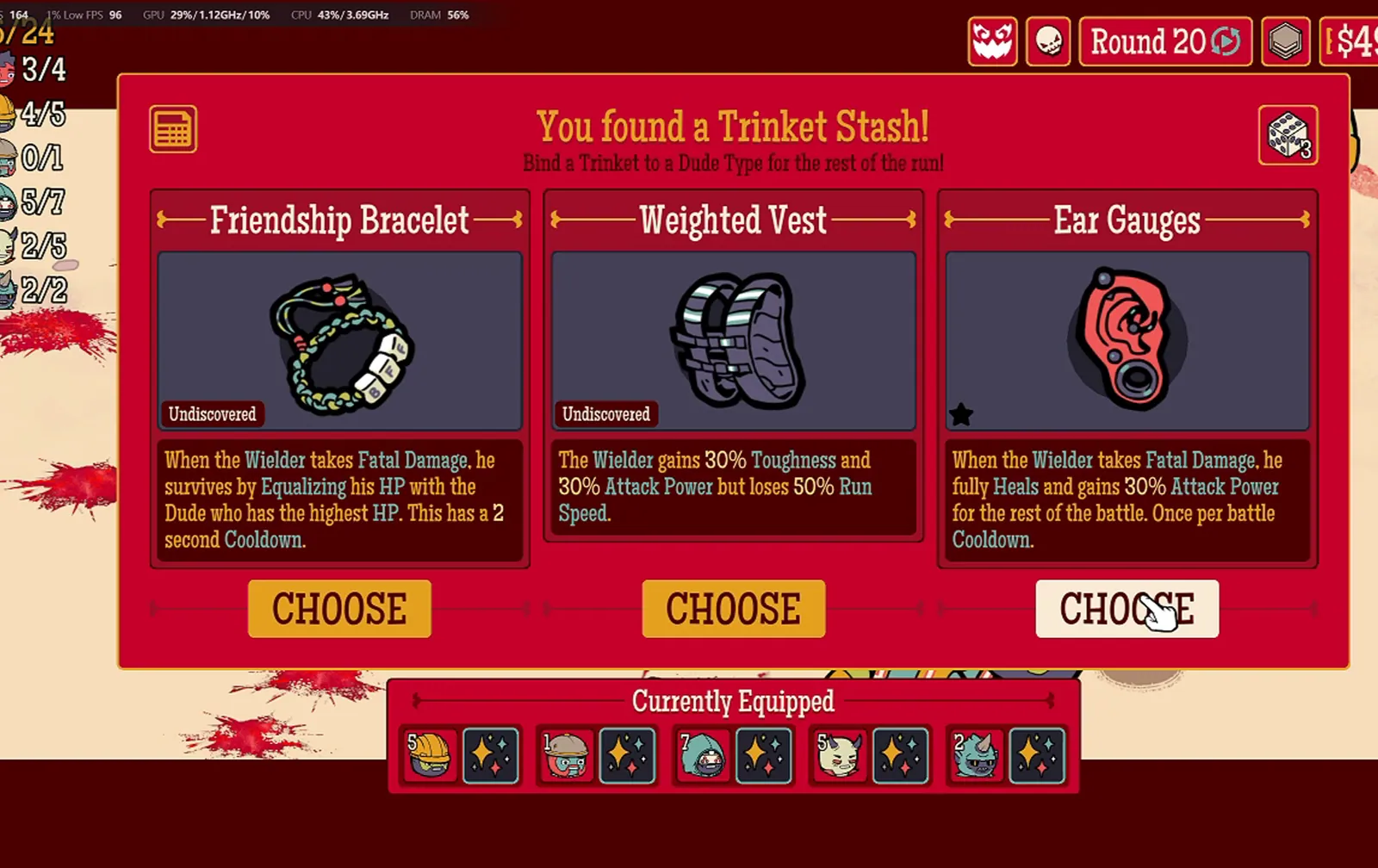 Round 20 Trinket Stash showing Friendship Bracelet, Weighted Vest and selected Ear Gauges