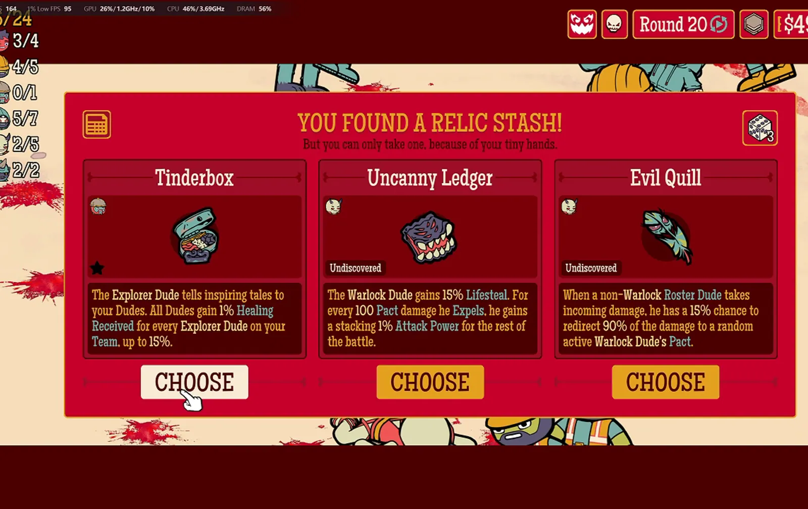 Round 20 Relic Stash showing selected Tinderbox, Uncanny Ledger and Evil Quill