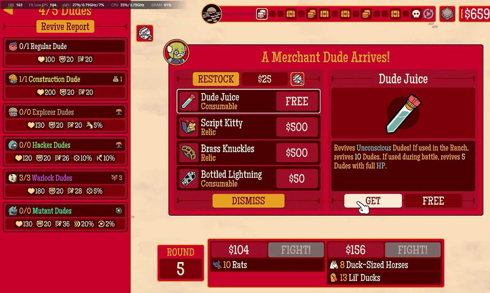 Round 5 merchant screen with free Dude Juice, Script Kitty, Brass Knuckles and Bottled Lightning