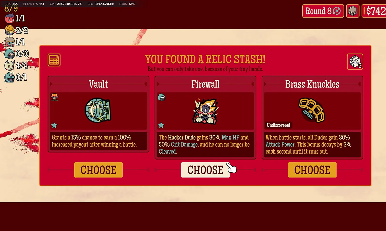 Round 8 Relic Stash showing Vault, selected Firewall and Brass Knuckles