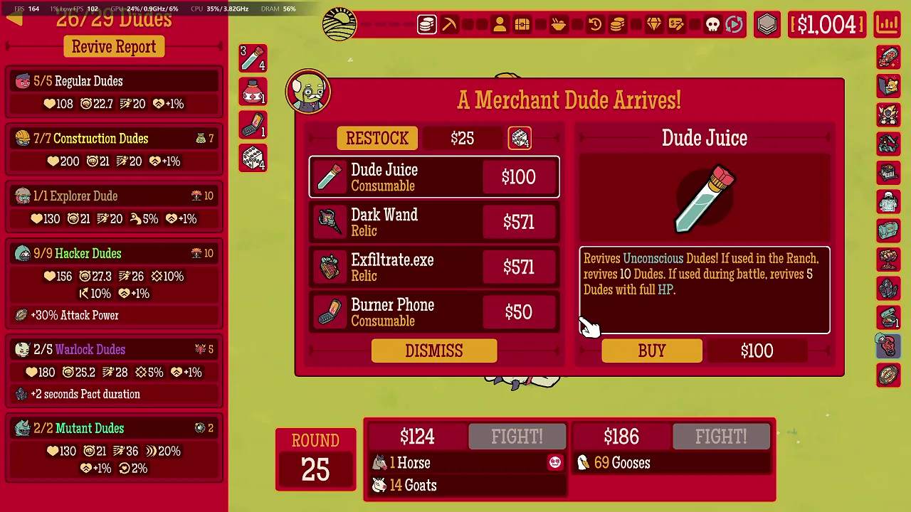 Round 25 merchant showing Dude Juice, Dark Wand, Exfiltrate.exe and Burner Phone with the six-Type roster visible
