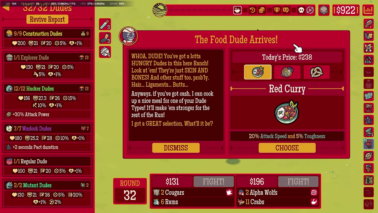 Round 32 Food Dude offering Red Curry with 20 percent Attack Speed and 5 percent Toughness