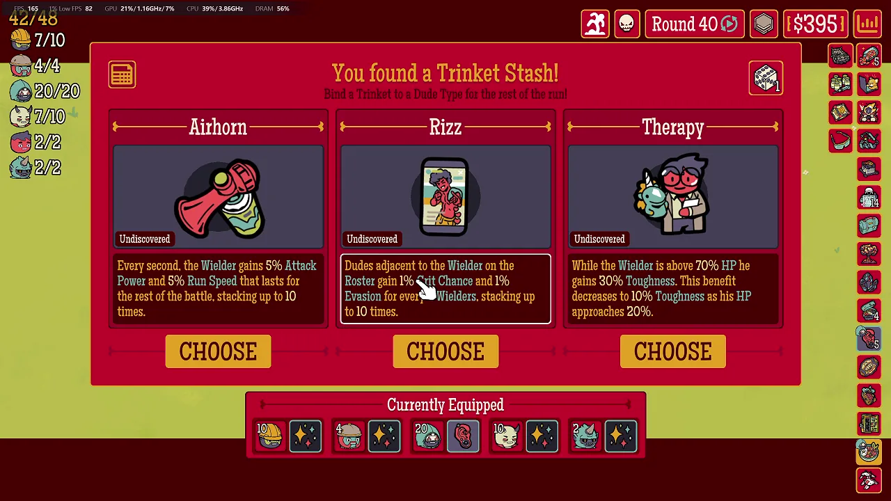 Round 40 Trinket Stash offering Airhorn, Rizz and Therapy with existing Type bindings visible