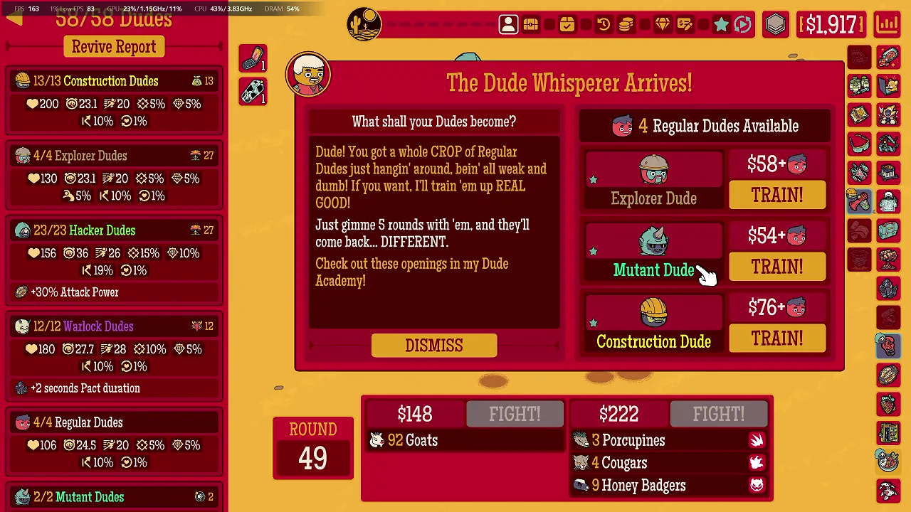 Round 49 Dude Whisperer offering Explorer, Mutant or Construction training for four Regular Dudes