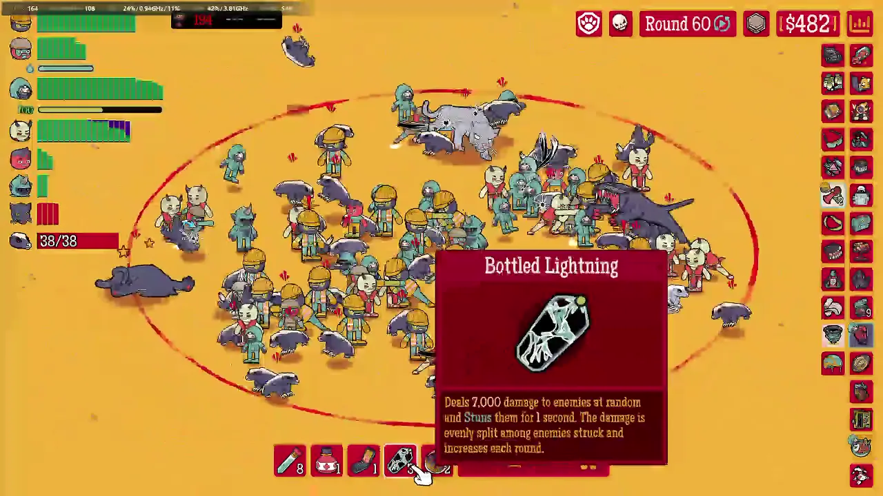 Round 60 battle with the Bottled Lightning tooltip showing 7000 damage and a one-second stun