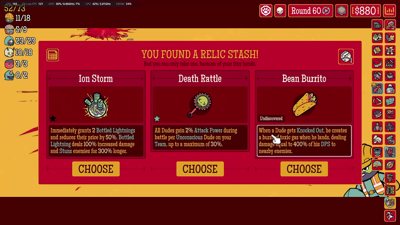 Round 60 Relic Stash offering Ion Storm, Death Rattle and Bean Burrito