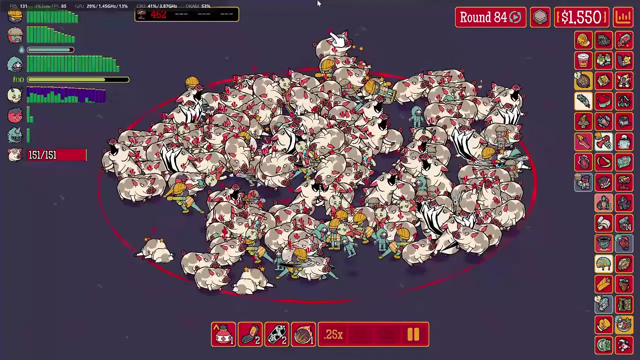 Round 84 combat against a 151-enemy swarm in the Act 5 Tier 1 recording