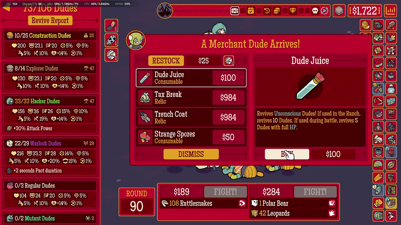 Round 90 merchant showing a 73 of 100 Dude counter and Dude Juice, Tax Break, Trench Coat and Strange Spores