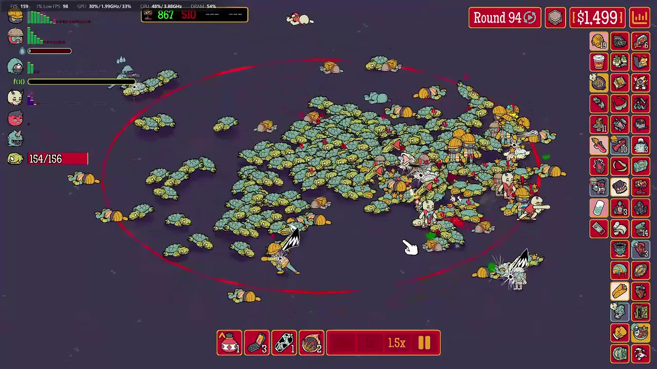 Round 94 battle with the roster surrounded by Snapping Turtles and most Type health bars depleted