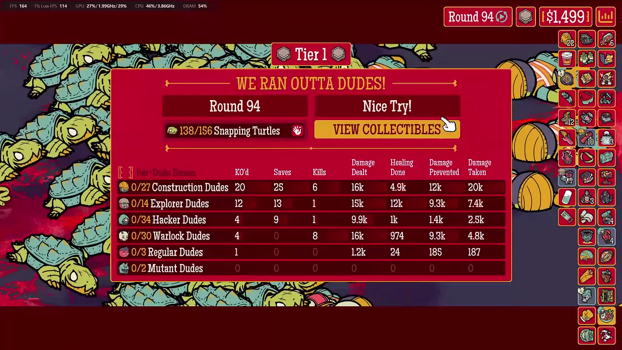 Tier 1 Round 94 defeat result showing 138 of 156 Snapping Turtles remaining and Type performance statistics