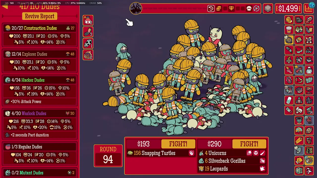 Round 94 pre-fight screen showing 41 of 110 Dudes and the choice between 156 Snapping Turtles or a mixed 29-enemy group