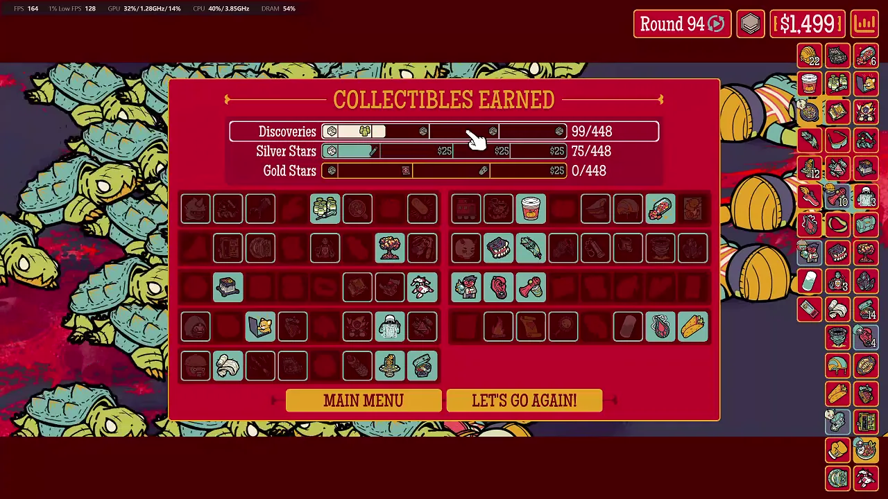 Collectibles Earned screen showing 99 Discoveries, 75 Silver Stars and zero Gold Stars after the Round 94 defeat