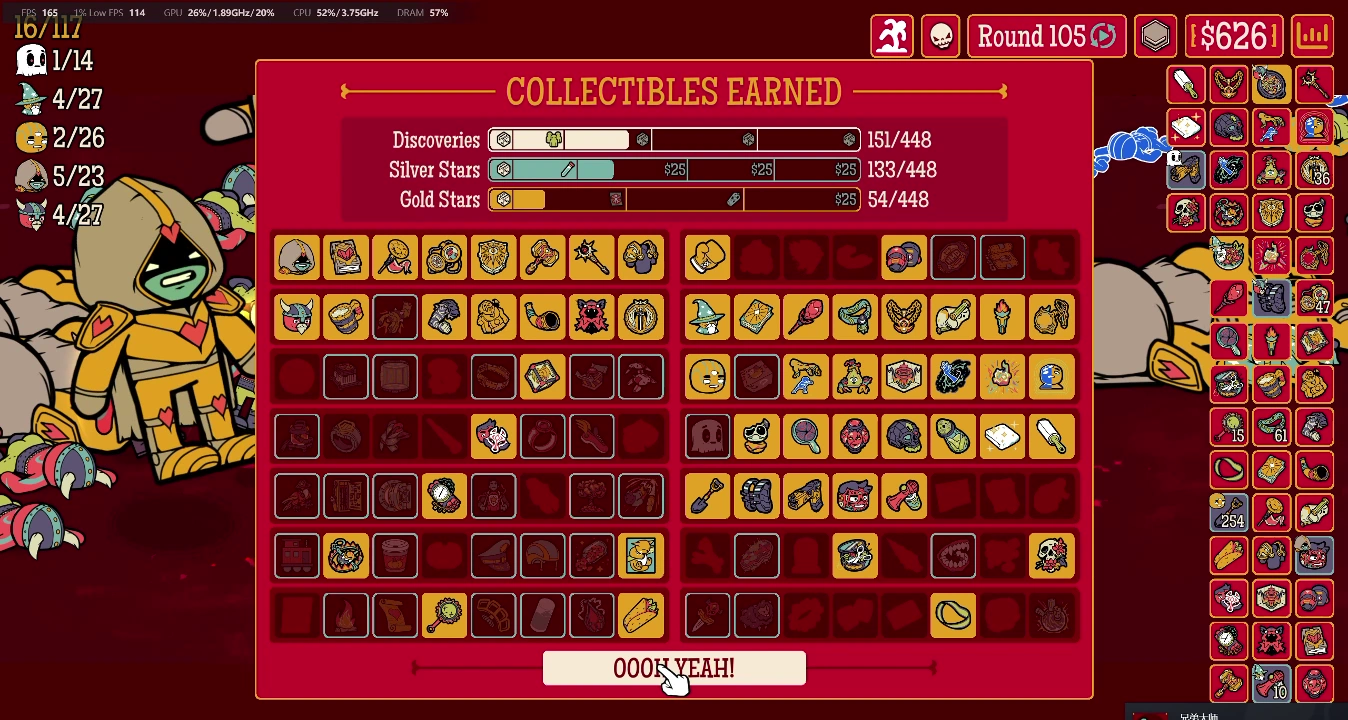 Post-run profile collection screen showing 151 Discoveries 133 Silver Stars and 54 Gold Stars