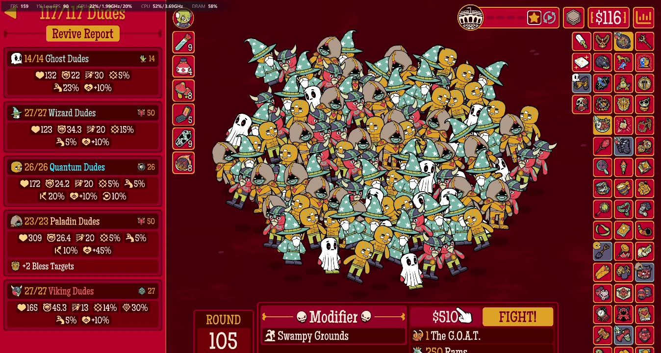 Round 105 pre-fight screen showing a full 117 Dude roster and the G.O.A.T. with 250 Rams