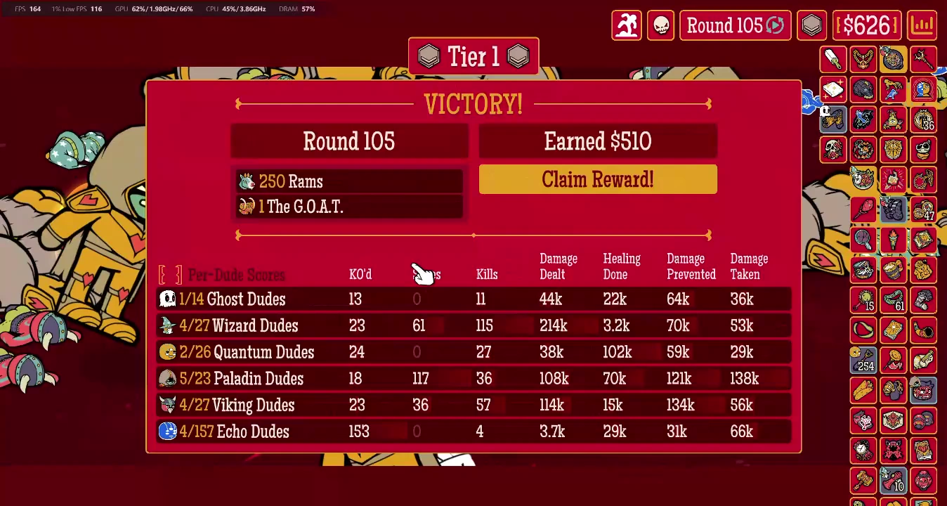 Tier 1 Round 105 victory screen showing the G.O.A.T. and 250 Rams defeated with complete Type statistics