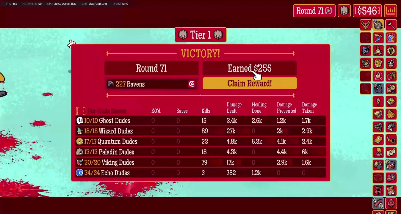 Tier 1 Round 71 victory result for Ghost Wizard Quantum Paladin and Viking against 227 Ravens