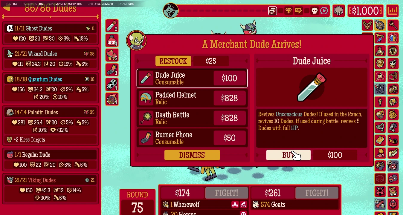 Round 75 merchant showing an 86 of 86 roster and Dude Juice Padded Helmet Death Rattle and Burner Phone