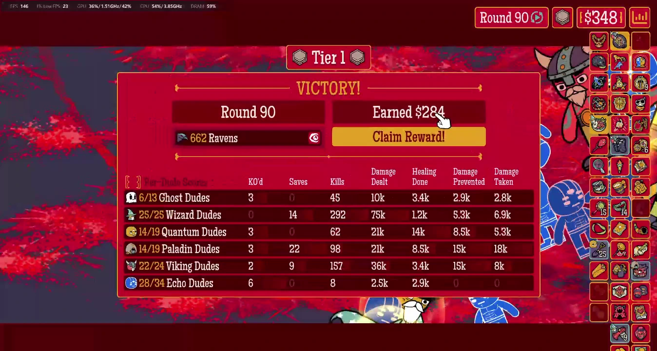 Tier 1 Round 90 victory statistics against 662 Ravens