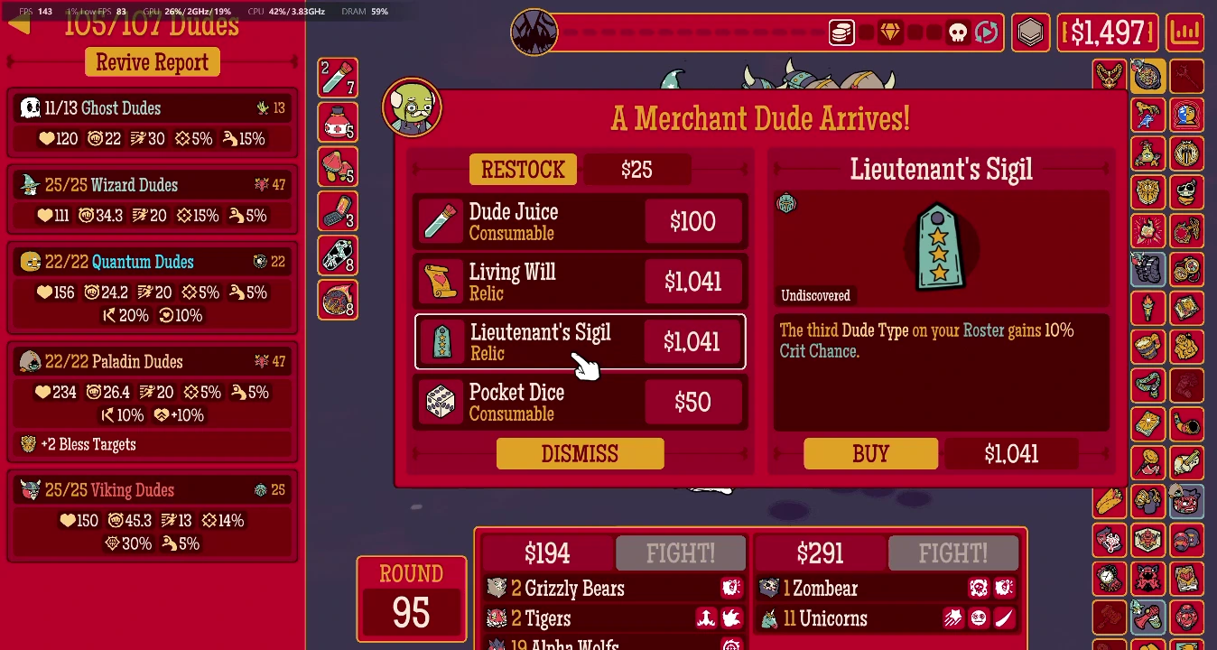 Round 95 merchant showing 103 of 107 Dudes and recovery Relic and Pocket Dice offers